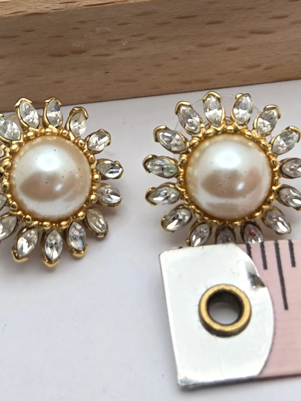 Vintage Monet Faux Pearl & Rhinestone Sunburst Stud Earrings | Gold Tone Pierced